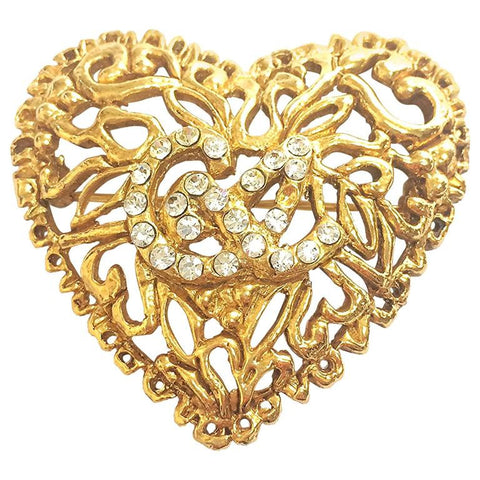 Vintage Christian Lacroix golden edwardian heart and arabesque design brooch, hat pin, jacket pin with crystal stones. Perfect jewel