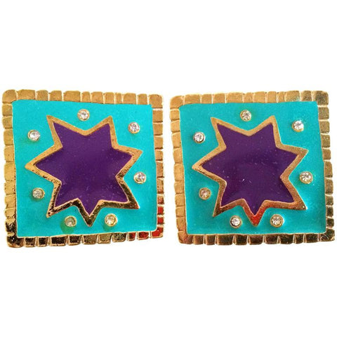 Vintage Christian Lacroix blue and purple enamel extra large square earrings with crystals. Rare statement jewelry. Great gift