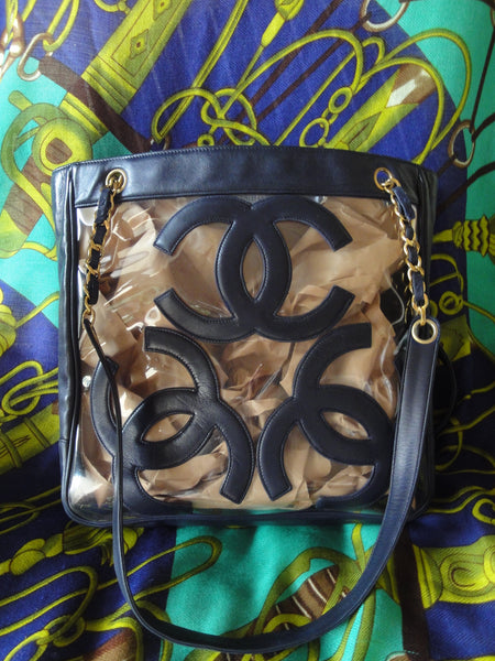 Vintage CHANEL clear vinyl and navy leather combination shoulder