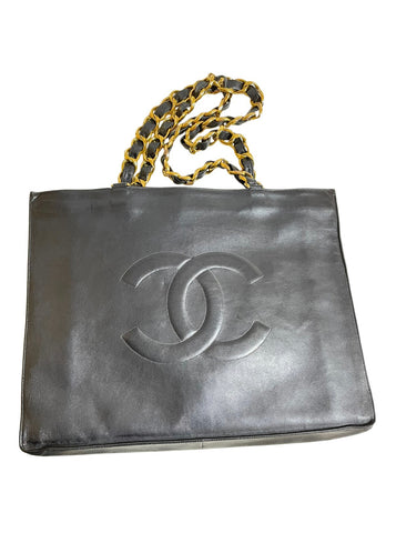 Vintage CHANEL large black calfskin shoulder bag, tote bag with