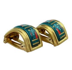 Vintage Hermes cloisonne golden earrings with green and red. Hermes ribbon. Great gift idea.0410281