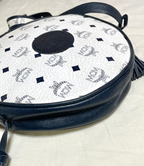 Vintage MCM navy and white monogram round shape Suzy Wong shoulder bag with leather trimmings. West Germany. By Michael Cromer. 0410134