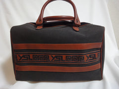 Vintage Yves Saint Laurent charcoal grey canvas and brown leather travel bag, daily use duffle purse. Classic unisex style YSL purse
