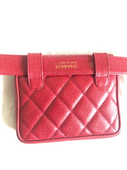 Vintage CHANEL 2.55 red caviar waist bag, fanny pack with belt and golden CC closure hock. Would fit waist 28.3”~ 30.7”(72~78cm)