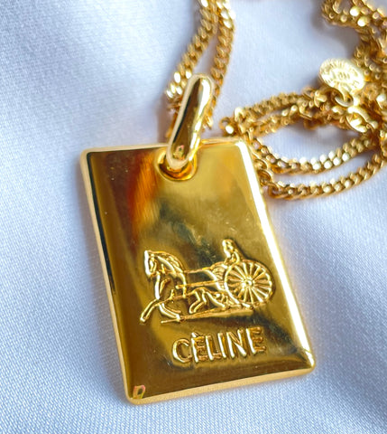 Vintage Celine golden chain necklace with logo embossed plate. Classic jewelry. 0407082