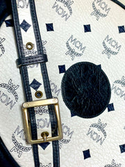 Vintage MCM navy and white monogram round shape Suzy Wong shoulder bag with leather trimmings. West Germany. By Michael Cromer. 0410134