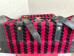 Vintage Roberta di Camerino red and black velvet chevron kelly handbag with golden logo motif. Rare masterpiece purse. 0501101ac
