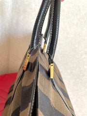 Vintage FENDI pecan stripe jacquard fabric handbag with black leather handles. Fendi classic bag. Must have purse. 050128ya1