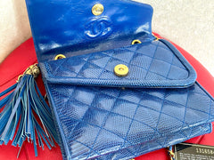 MINT. Vintage CHANEL blue genuine lizard leather double envelop style flap shoulder purse with golden chain strap and tassel. 050225ac1