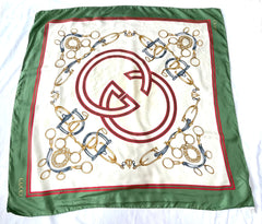 Vintage Gucci green and ivory silk scarf with red GG logo print. Must have classic accessory piece from 80s. 0409212
