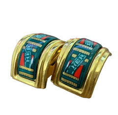 Vintage Hermes cloisonne golden earrings with green and red. Hermes ribbon. Great gift idea.0410281
