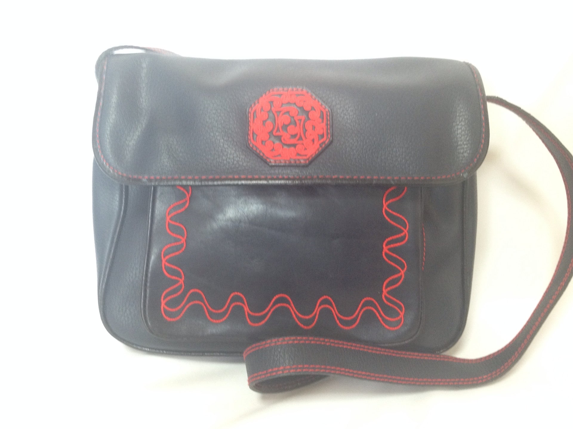 Vintage Fendi genuine navy leather shoulder bag with red embroidery logo, motif, and stitch. Rare purse.