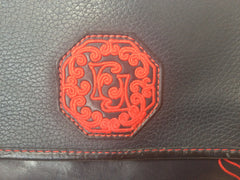 Vintage Fendi genuine navy leather shoulder bag with red embroidery logo, motif, and stitch. Rare purse.