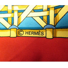 Vintage Hermes large carre twill silk scarf in light brick red, blue, and gold. Armor, Knight motif lamp design. Classic foulard. 050816f2
