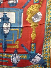 Vintage Hermes large carre twill silk scarf in light brick red, blue, and gold. Armor, Knight motif lamp design. Classic foulard. 050816f2