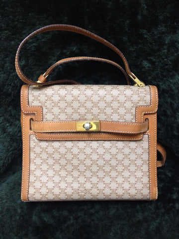 Vintage Celine beige and brown blason macadam pattern mini handbag with brown leather trimmings in Kelly style. Classic shoulder purse