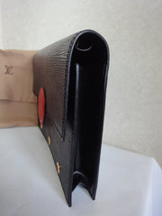 Vintage Louis Vuitton black epi mod clutch purse, shoulder bag with a red eye bull design closure. Rare masterpiece.