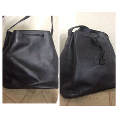 Vintage Nina Ricci genuine black leather classic hobo bucket shoulder bag with embossed logo. Maroquineri collection. Made in Italy