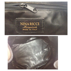 Vintage Nina Ricci genuine black leather classic hobo bucket shoulder bag with embossed logo. Maroquineri collection. Made in Italy