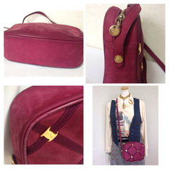 Vintage Salvatore Ferragamo vara collection wine, purple suede leather shoulder bag with golden bow charm. 050816f5