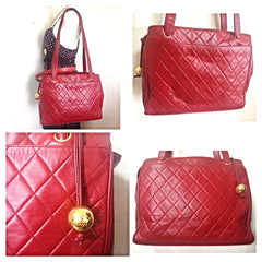 Vintage CHANEL deep red color classic quilted lamb leather tote bag with golden CC ball charm. Large size purse for daily use.050316r1