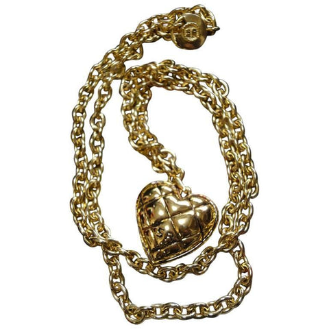 Vintage Sonia Rykiel golden quilted heart shape long chain necklace. Perfect vintage jewelry from SR