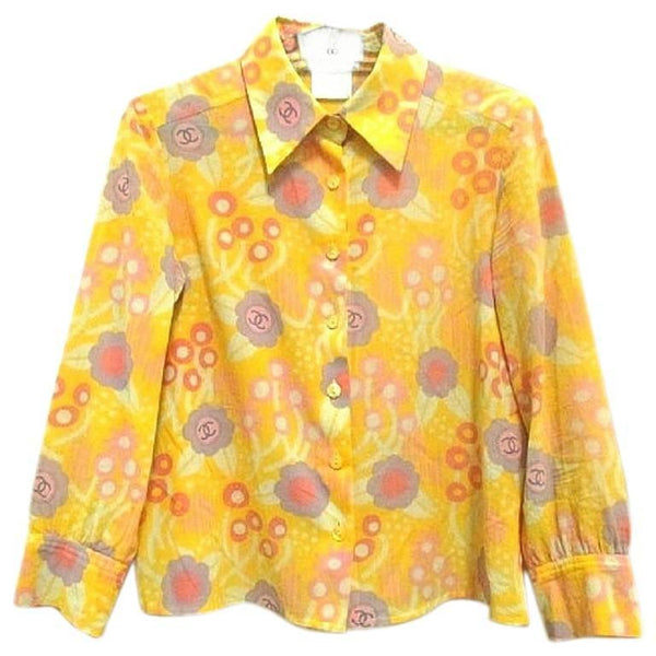 Vintage CHANEL yellow, pink, orange, etc multicolor floral print cotton  blouse, shirt. Can be coordinated with dress. Size 34