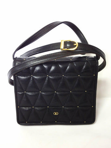 Vintage Valentino Garavani black leather shoulder purse with triangle geometric diamond quilted stitches.