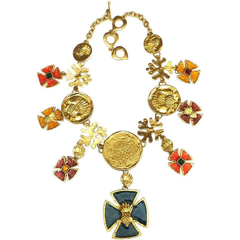 MINT. Vintage Yves Saint Laurent statement necklace with blue, wine, orange, yellow, and green colorful enamel cross and coin motif charms.