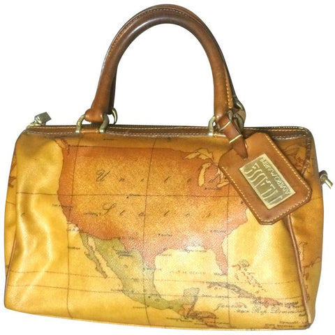 Vintage Alviero Martini Prima Classe speedy type duffle bag, USA, Mexico, Caribbean and Africa map focused.