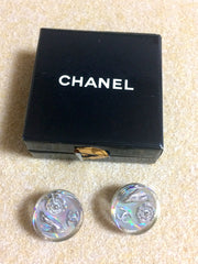 Vintage CHANEL silver tone and rainbow aurora shining earrings with Chanel iconic charms. Shoe, camellia, and CC mark in it. Perfect.