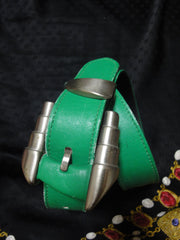 Vintage Gianni Versace green leather rock star belt with silver hardware.  Size for 25.5 inch, 65 cm. Get the authentic Lady Gaga look.