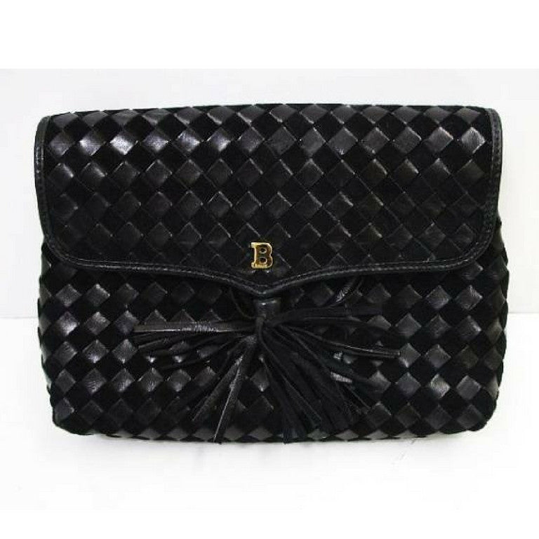 Vintage Bally black woven intrecciato design leather clutch purse, pouch with golden B logo motif and tassel at front.