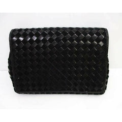 Vintage Bally black woven intrecciato design leather clutch purse, pouch with golden B logo motif and tassel at front.