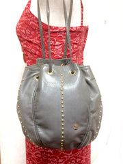 Vintage BALLY taupe gray lamb leather ball shape hobo bucket shoulder bag with golden B charm. Unique design. 050315r4