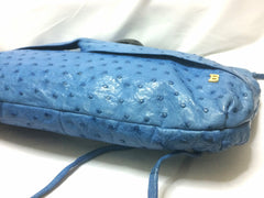 Vintage BALLY genuine blue ostrich leather shoulder bag with gathered knot, bow design and black motif. Made in W. Germany.