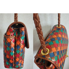 Vintage Bottega Veneta intrecciato shoulder bag, woven leather purse in multicolor of bronze, red, orange, green, and blue.
