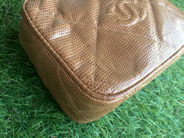 Vintage CHANEL cocoa brown lizard camera bag type clutch bag with