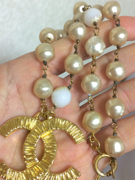 Chanel CC Gold Pearl Beaded Pendant Necklace