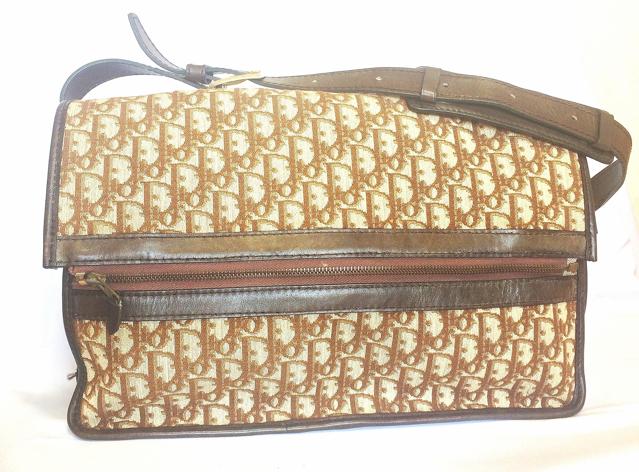 70's, 80's Christian Dior vintage beige and brown trotter monogram large folded design bag, messenger bag. Unisex. Eclair zippers.