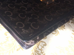 Vintage CELINE dark brown iconic carriage jacquard clutch bag with leather trimmings. Mini document case. Unisex use.