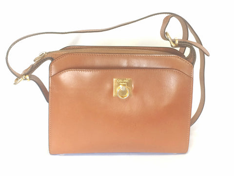 Vintage CELINE genuine brown leather shoulder bag with golden logo motif at front. Rare Celine leather bag