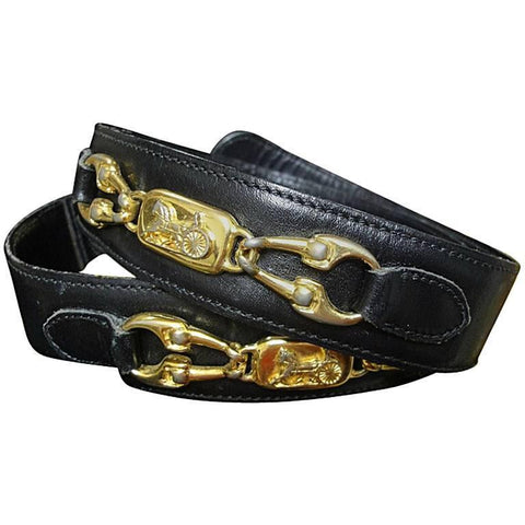 Vintage Celine black leather belt with golden carriage and horse motif. 65 Made in Italy