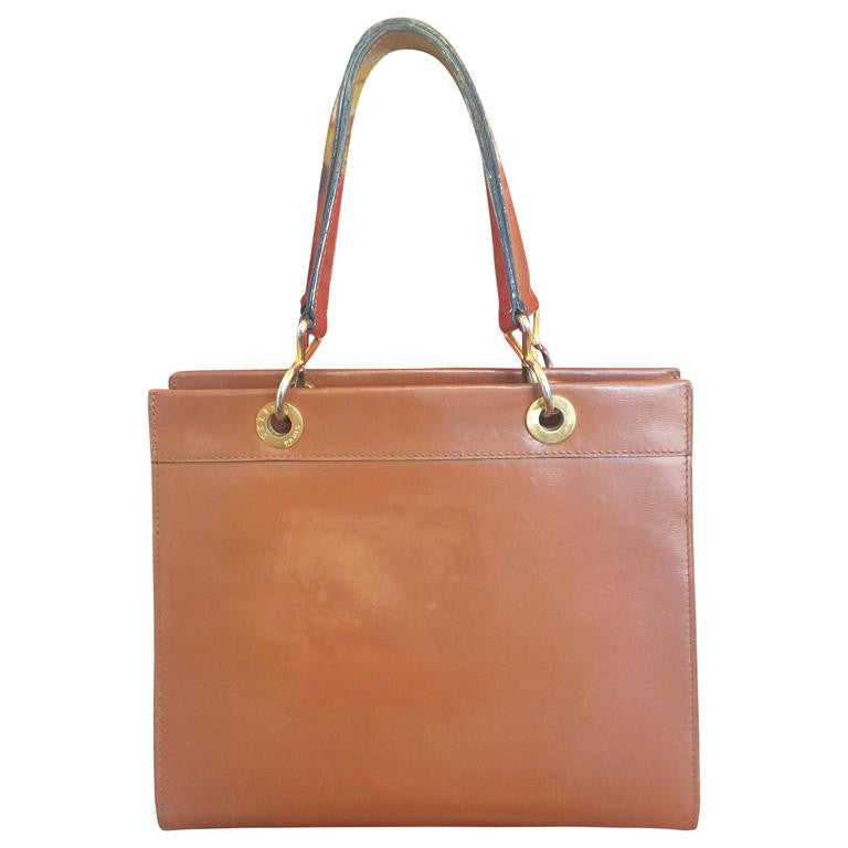 Vintage CELINE brown classic square tote bag with gold tone chains