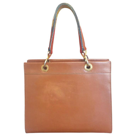 Vintage CELINE brown classic square tote bag with gold tone chains and logo embossed brasses.