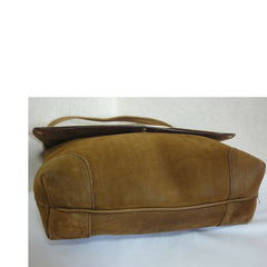 Vintage CELINE genuine suede tanned brown leather shoulder bag, clutch purse with golden frame flap and embossed macadam blason logo.