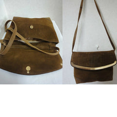 Vintage CELINE genuine suede tanned brown leather shoulder bag, clutch purse with golden frame flap and embossed macadam blason logo.