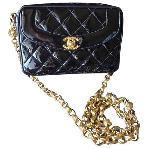 Chanel Black Patent Quilted Leather Heart-Shaped Vanity Chain