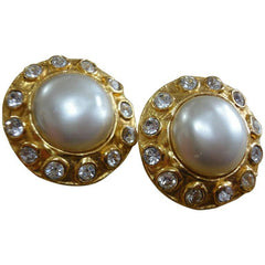 90s Vintage CHANEL gold tone earrings with faux pearl and rhinestones. Great vintage gift. List