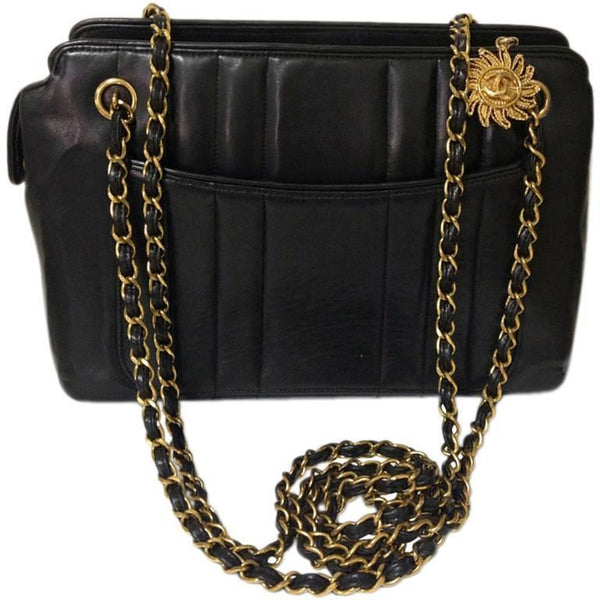 Chanel Vintage Chanel Gold Tone Chain x Black Leather Belt CC